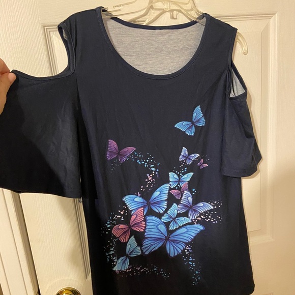 Tops - Women's Navy Blue Butterfly Print Cold Shoulder Top